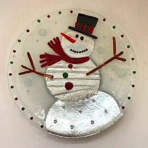 Snowman Plate Glass Platter 12” Metallic Silver Christmas